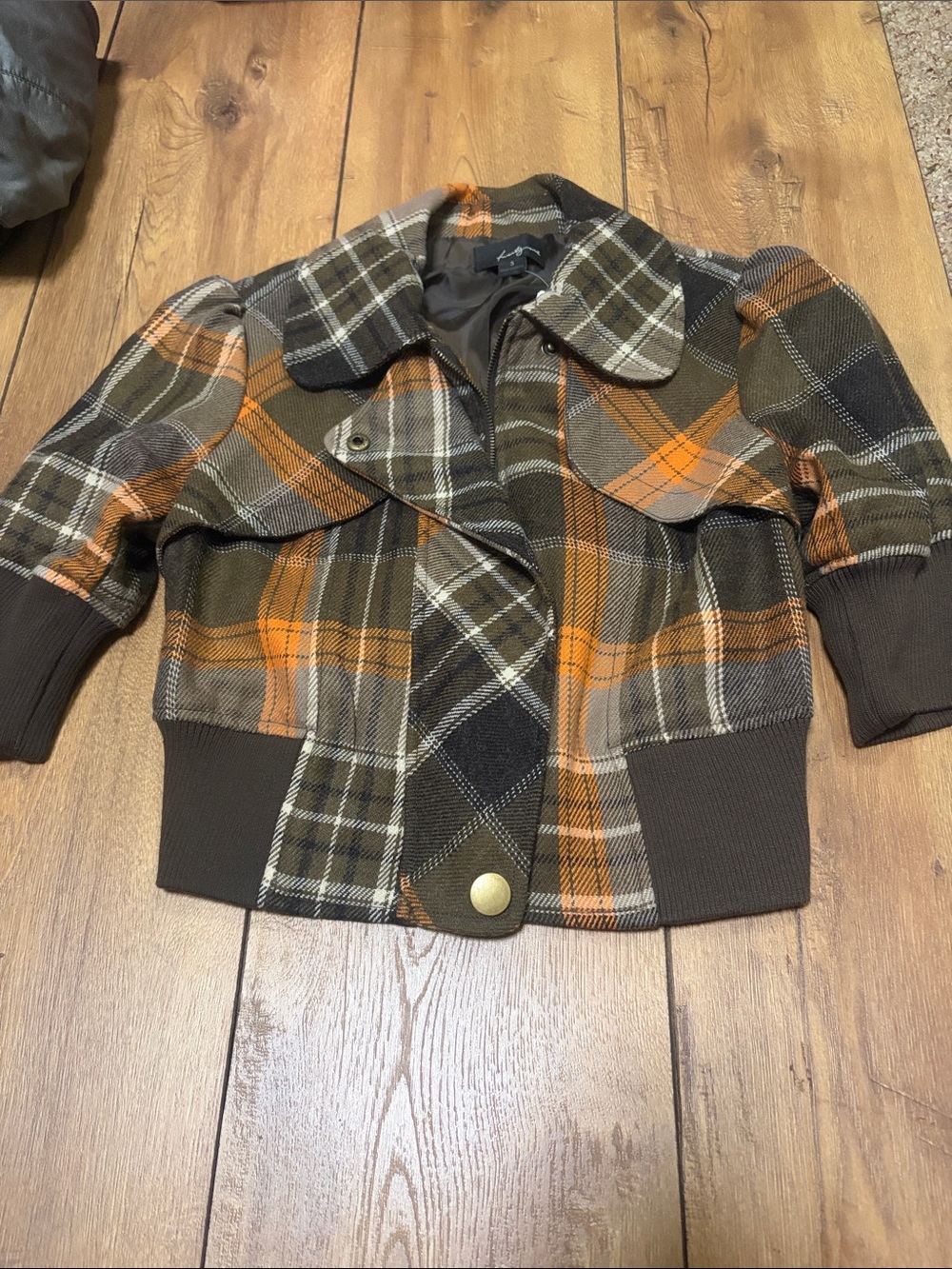 Forever 21 Kids Plaid Pea Coat in Orange, Brown & Black